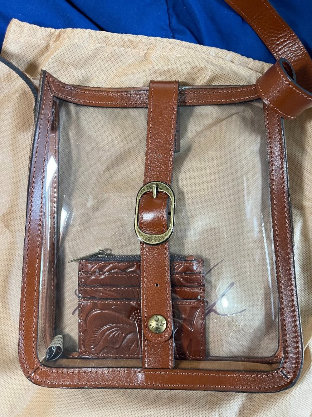 Patricia Nash clear and leather crossbody bag with leather wallet -- NEW